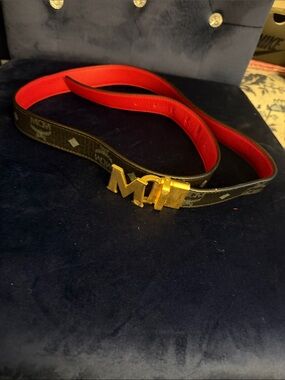 MCM Black Monogram Belt with Red Interior and Gold 'M' Buckle